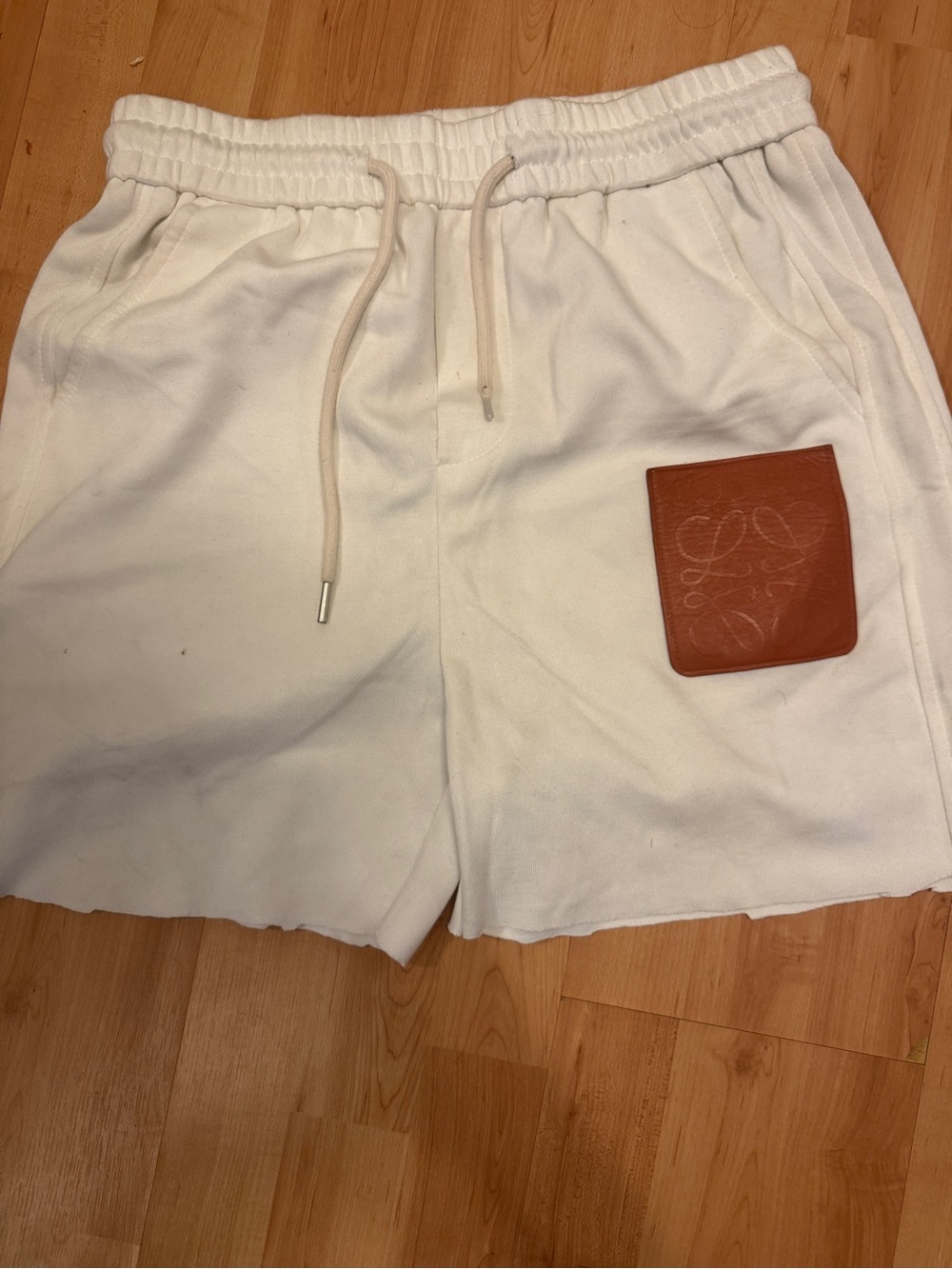 Loewe White Cotton Drawstring Shorts with Tan Leather Patch